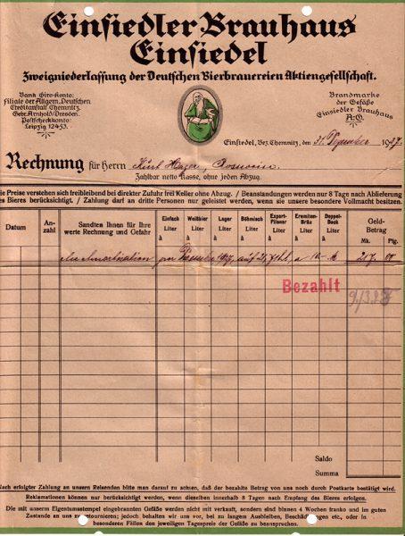 Rechnung der Radeberger Exportbierbrauerei AG, Zweigniederlassung Einsiedler Brauhaus 31.12.1927