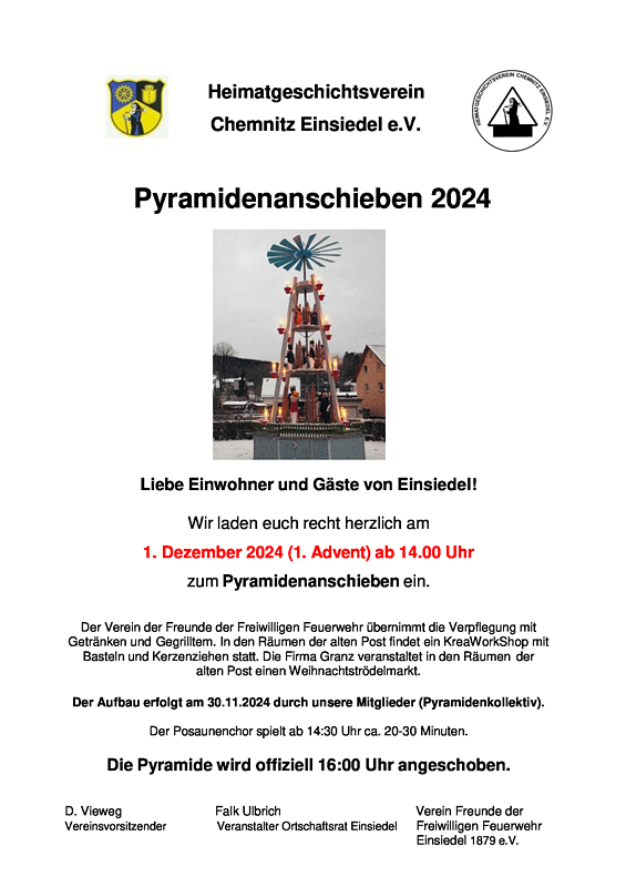 Einladung Pyramidenanschieben Einsiedel 2024