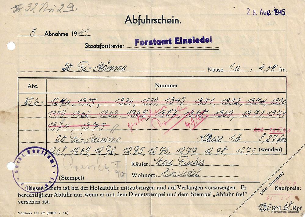 Holz-Abfuhrschein Forstamt Einsiedel, 28. August 1945