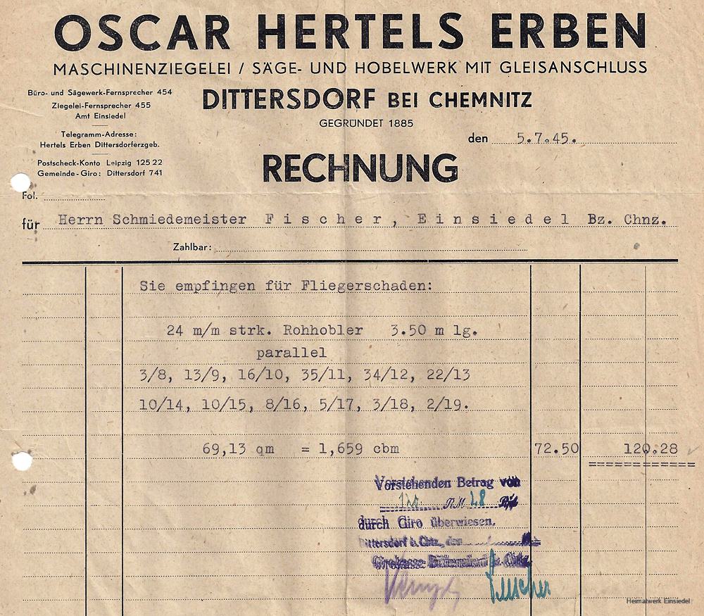 Rechnung Sägewerk Oscar Hertels Erben, Dittersdorf. 5. Juli 1945