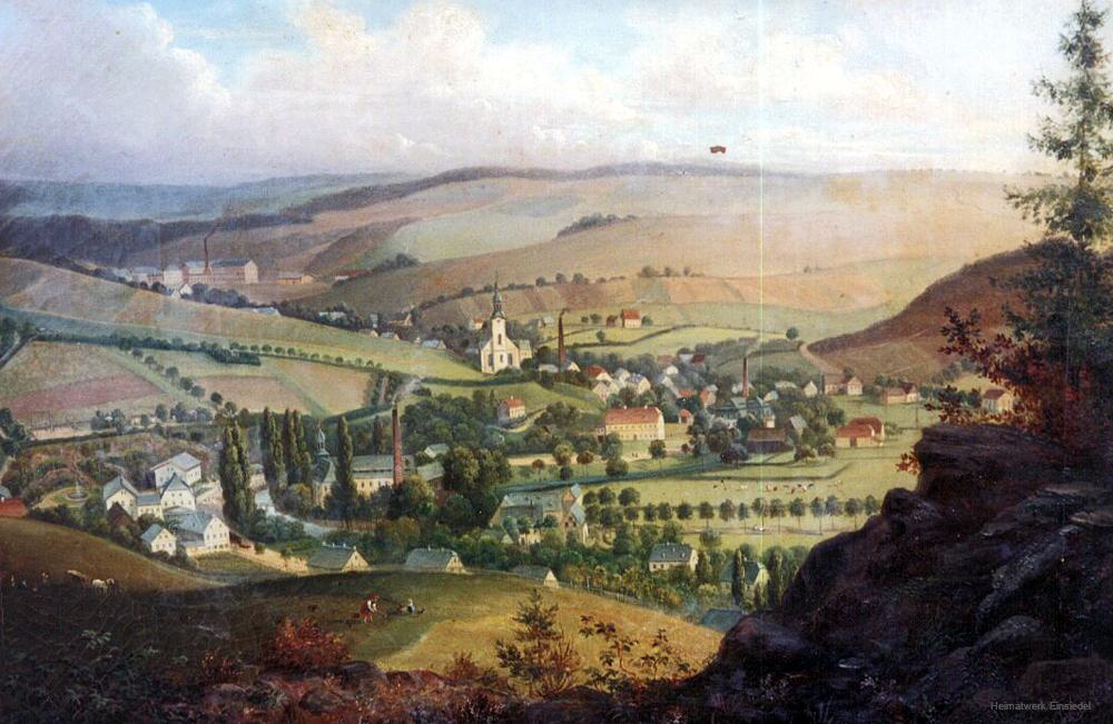 Blick von der Körnerhöhe in Einsiedel auf den Ort, Gemälde um 1870.