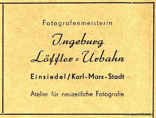 Fotografenmeisterin Ingeburg Löffler-Urbahn, Anzeige von 1955