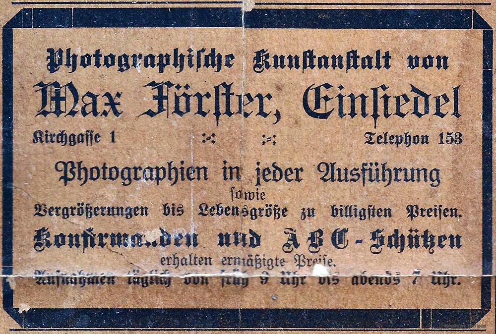 Fotografische Kunstanstalt Max Förster, Einsiede 1916