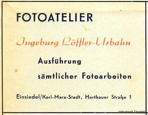 Annonce Fotoatelier Ingeburg Löffler-Urbahn 1956