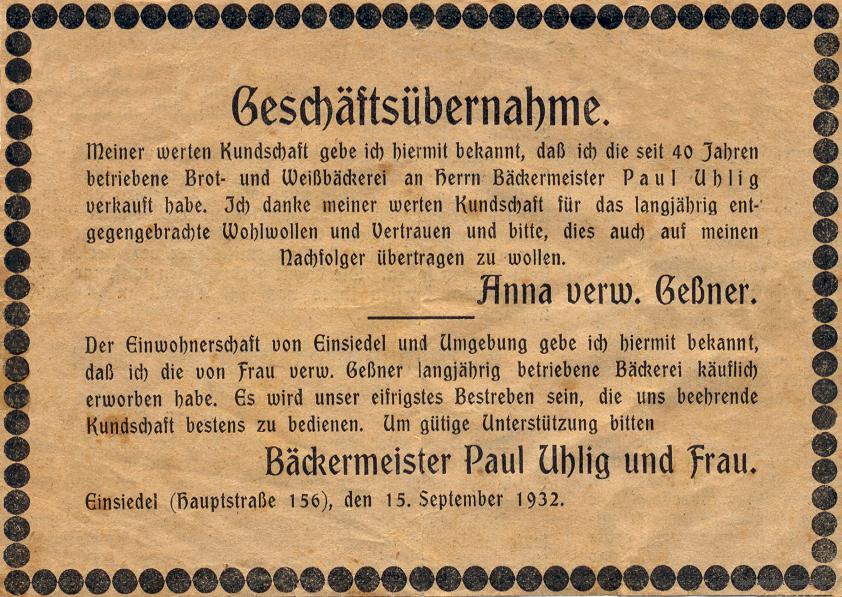 Geschäftsübernahme von Bäckermeister Gustav Geßner 1932.